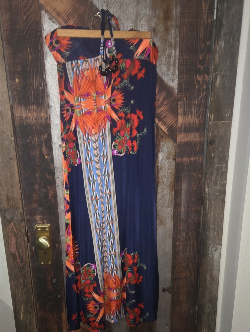 Navy Floral Strapless Maxi Dress with Orange Accent